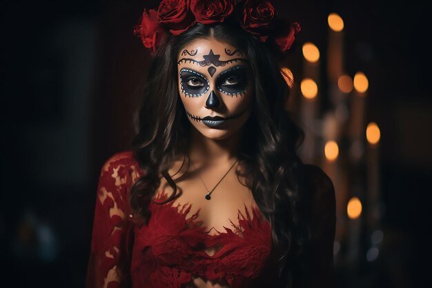 Gorgeous Woman in Traditional red Dia de Muertos Attire