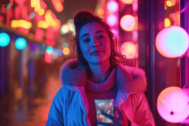 Gorgeous woman using smartphone in neon lit city