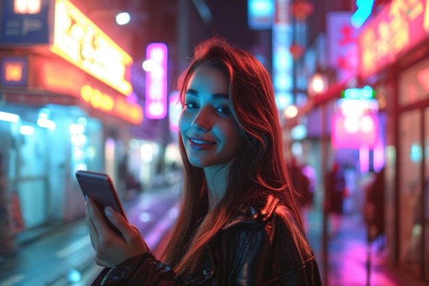 네온 불빛 도시에서 스마트폰을 사용하는 멋진 여성
