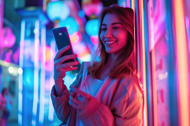 Gorgeous woman using smartphone in neon lit city