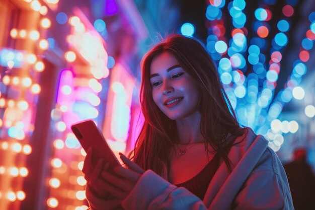 Gorgeous woman using smartphone in neon lit city