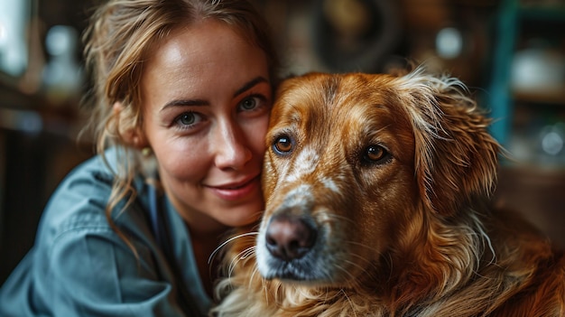 Photo gorgeous woman vet caring for majestic golden retriever at modern animal clinic