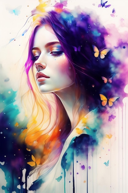 Gorgeous woman watercolor digital art painting