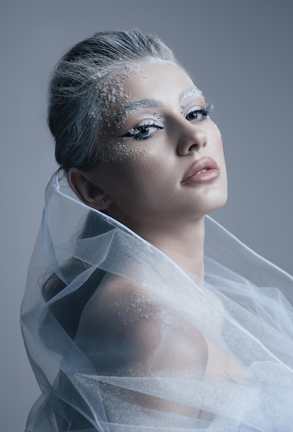 gorgeous woman with winter queen make up, frozen beauty