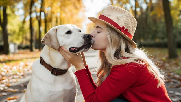 Foto una splendida giovane bionda con un maglione rosso e un cappello chiaro bacia con amore il suo labrador nel parco d'autunno