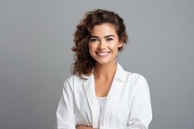 Gorgeous Young Businesswoman with a Happy Smile Standing Confidently in a Gray Studio Background