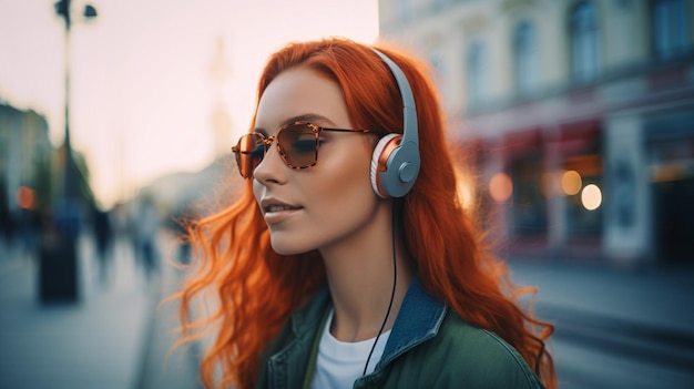 Великолепная молодая жизнерадостная женщина идет по городской улице, слушая музыку в беспроводных наушниках Генеративный ИИ