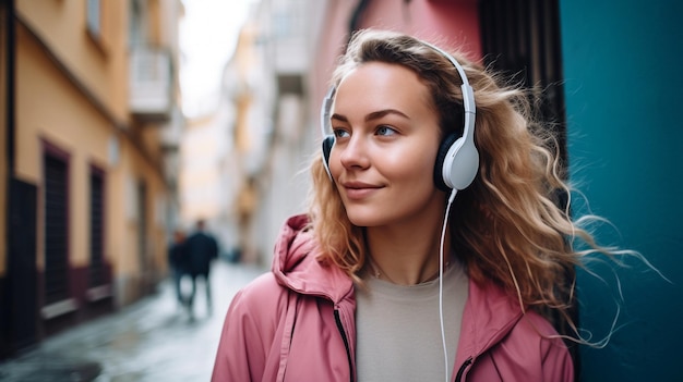 Gorgeous young cheerful woman walking down a city street while listening to music with wireless earphones Generative AI