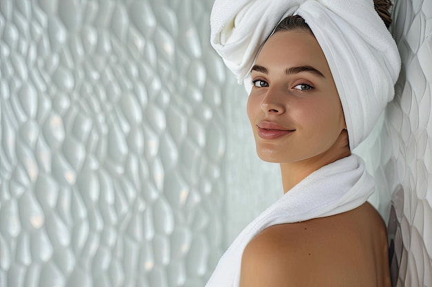 gorgeous young European woman standing in the bathroom after a shower Face and body care concept