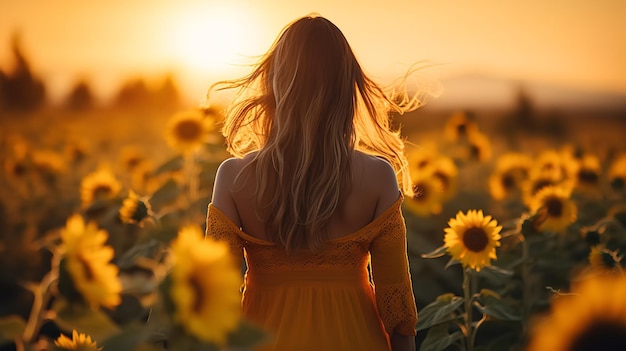 Gorgeous young lady at dusk on a sunflower field generative ai