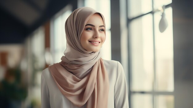 Gorgeous young professional woman in a hijab standing in her workplace generative ai