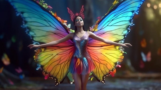 Gorgeous young woman as fairy with rainbow wings Generative AI