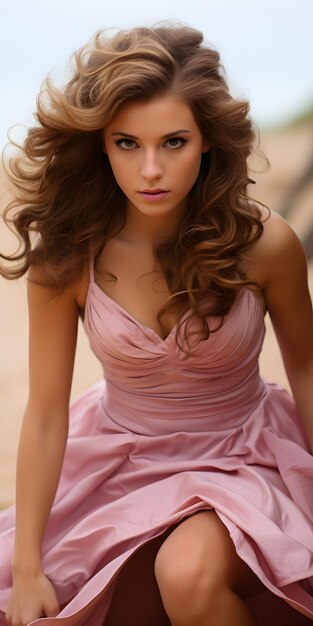 Photo gorgeous young woman wearing the exact pink mini dress
