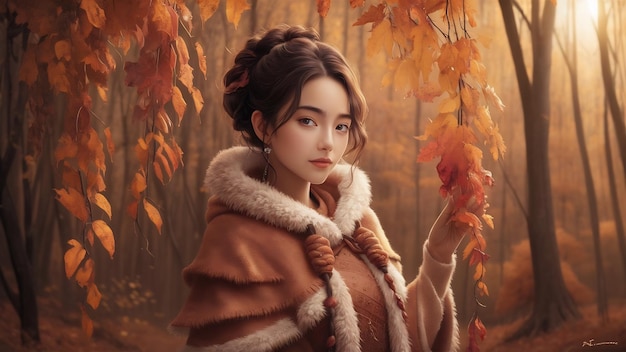 秋の森で暖かい服を着た美しい若い女性