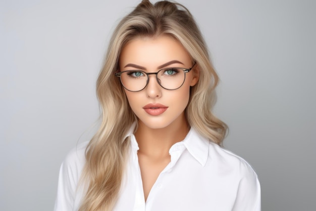 A gorgeous young woman in a white shirt and wearing spectacles against a white background