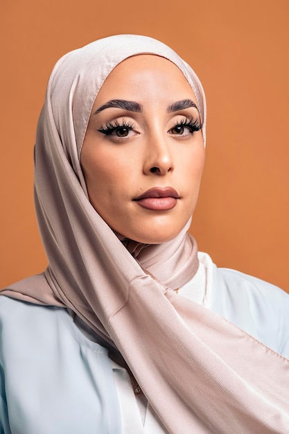 Gorgeus muslim woman looking at camera posing in studio. She's serious.