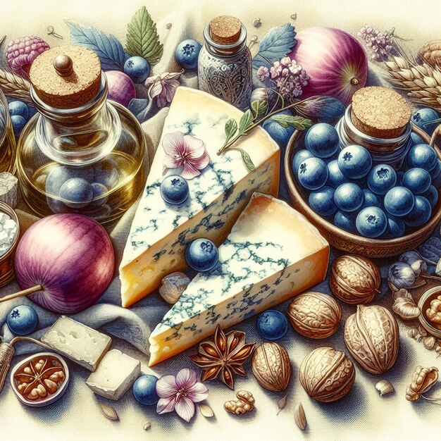 Gorgonzola blue cheese food still life watercolor illustration icon pic wallpaper pattern texture