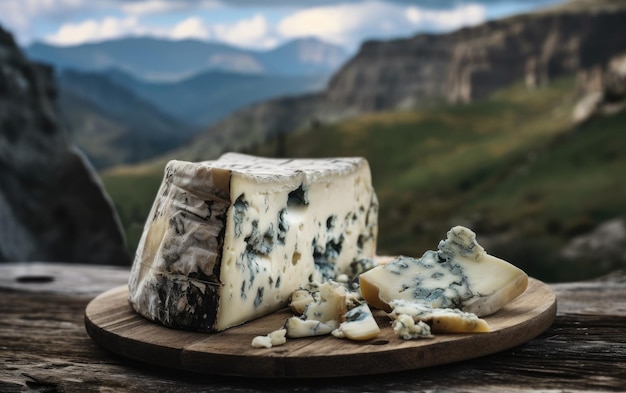 Фото Горгонзола с голубым сыром на деревянной разделочной доске с горами на заднем плане
