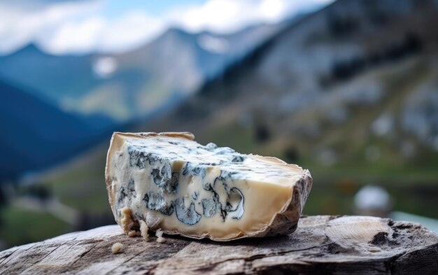 Foto formaggio gorgonzola blu su un tagliere di legno con le montagne sullo sfondo ai generato