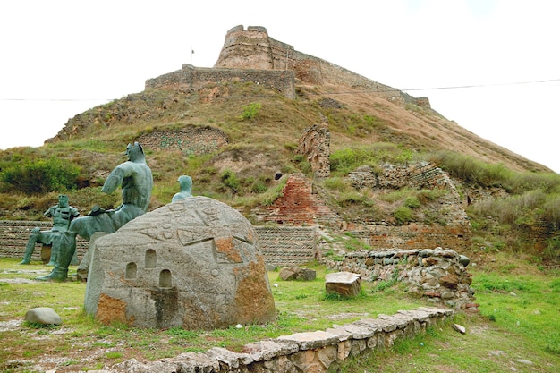 Gori Fortress on the Hilltop with Memorial of Georgian Warrior Heroes Sculptures Gori City Georgia