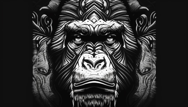 Gorilla animal head black and white color ai generator image