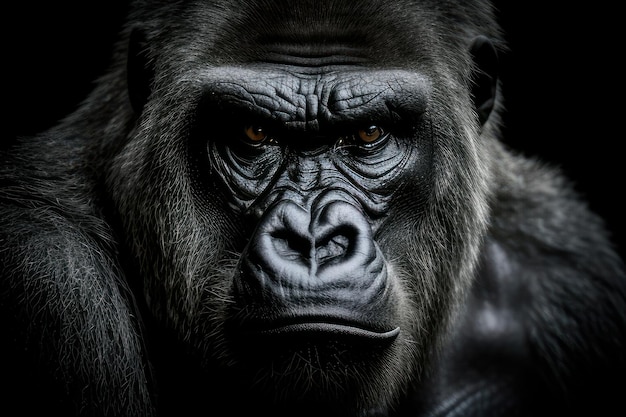 gorilla in beautiful close-up on face in black and white