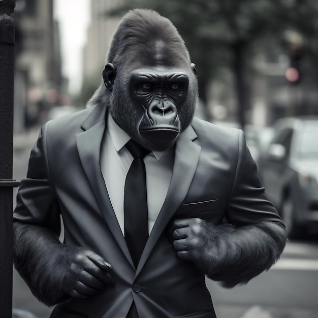 Photo gorilla in business suit in the city ai generated