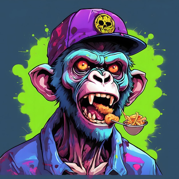 gorilla in a cap with a bowl of chips in his hand