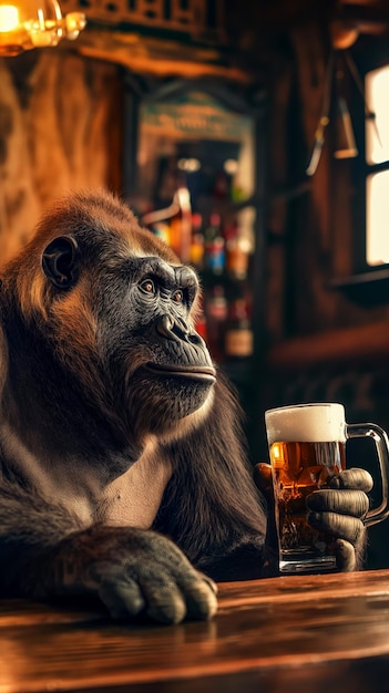 Photo gorilla drinking a glass of beer in a bar concept poster for pub advertising vertical poster