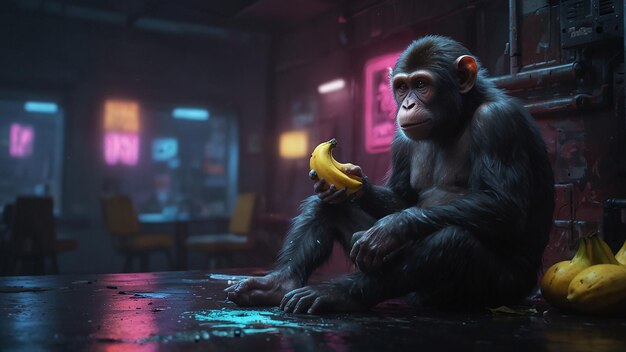 Photo a gorilla eating a banana with a neon light in the background