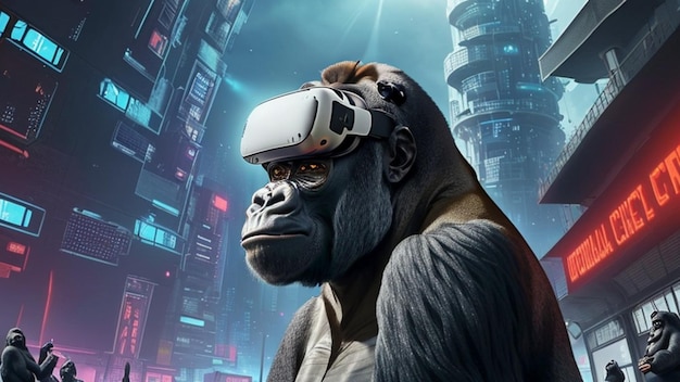 A gorilla experiencing virtual reality in front of a futuristic city
