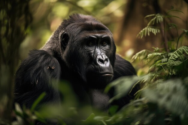 Gorilla exploring a lush forest and finding its next meal created with generative ai