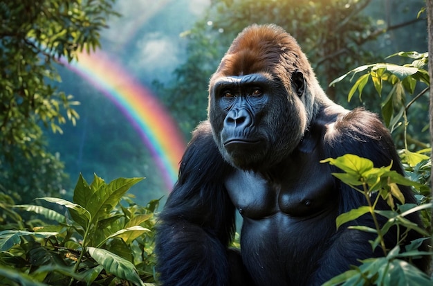 Gorilla-familie in het bos met regenbooghemel