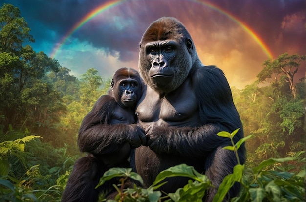 Gorilla-familie in het bos met regenbooghemel