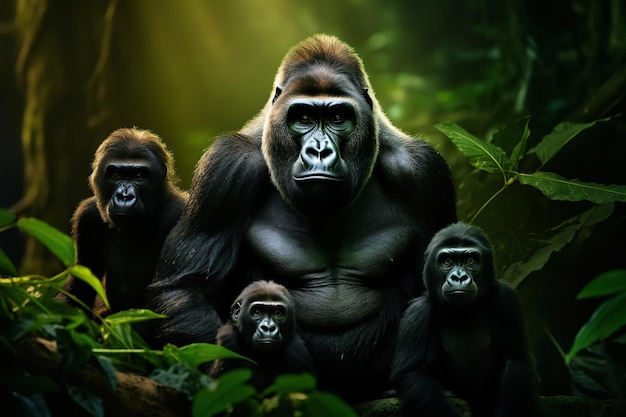 Gorilla Family in the Heart of African Rainforest