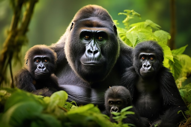 Gorilla Family in the Heart of African Rainforest