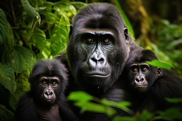 Gorilla Family in the Heart of African Rainforest