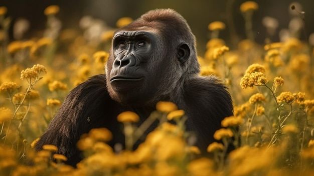 A gorilla in a field of flowers