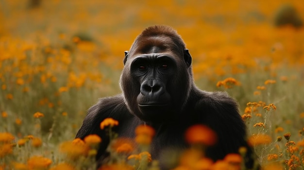 A gorilla in a field of flowers