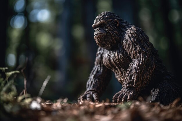 A gorilla figurine stands in the woods.