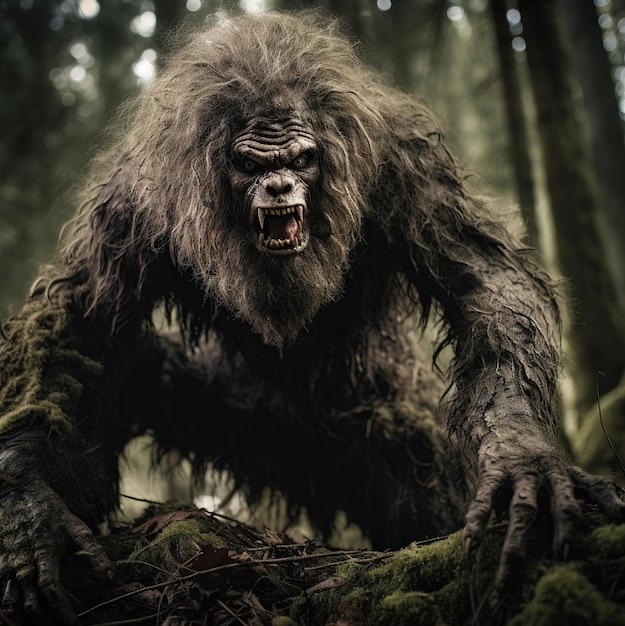 a gorilla in a forest with his mouth open.