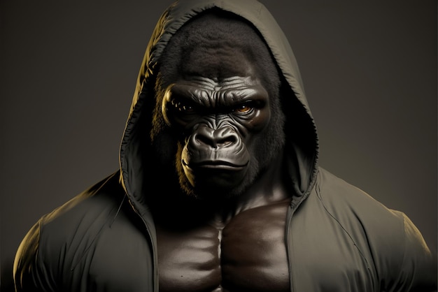 Gorilla in a green hoodie with a hood