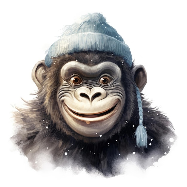 Gorilla head in a hat and scarf on a white background