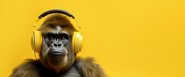 Gorilla in headphones listens to music on a yellow background Banner copy space