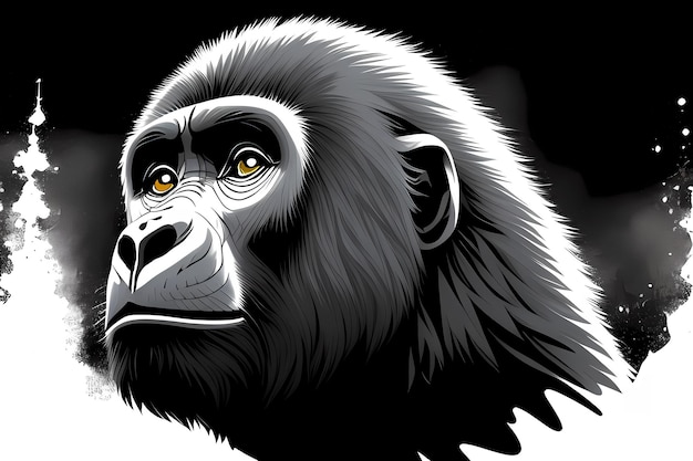 Gorilla hoofd grafische illustratie zwart-wit Generatieve AI