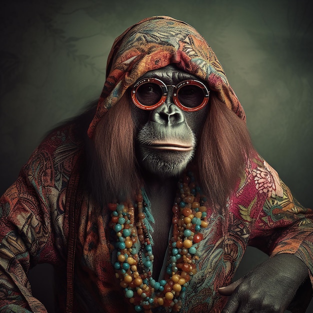 gorilla in boho bohemian middeleeuwse hippie-outfit met surrealistische kralen