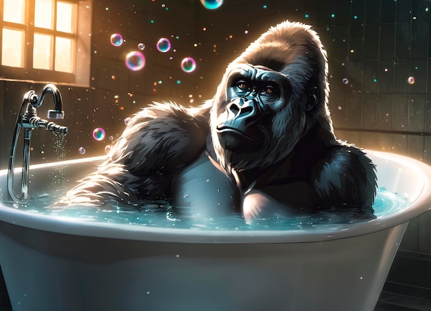 Gorilla in een bad met zeepbellen