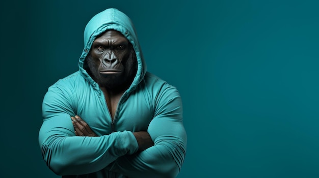 Gorilla in gymkleding tegen monochrome muur