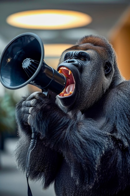 Gorilla is holding megaphone and appears to be shouting into it