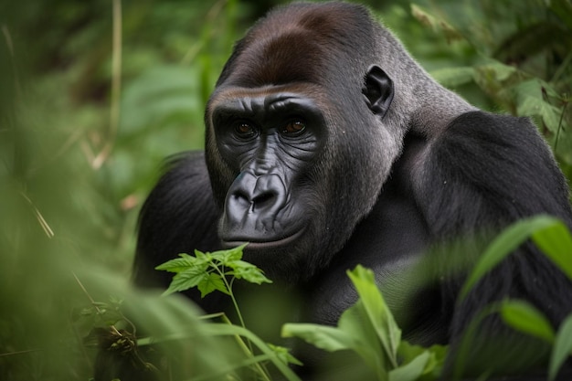 A gorilla in the jungle is looking at the camera.